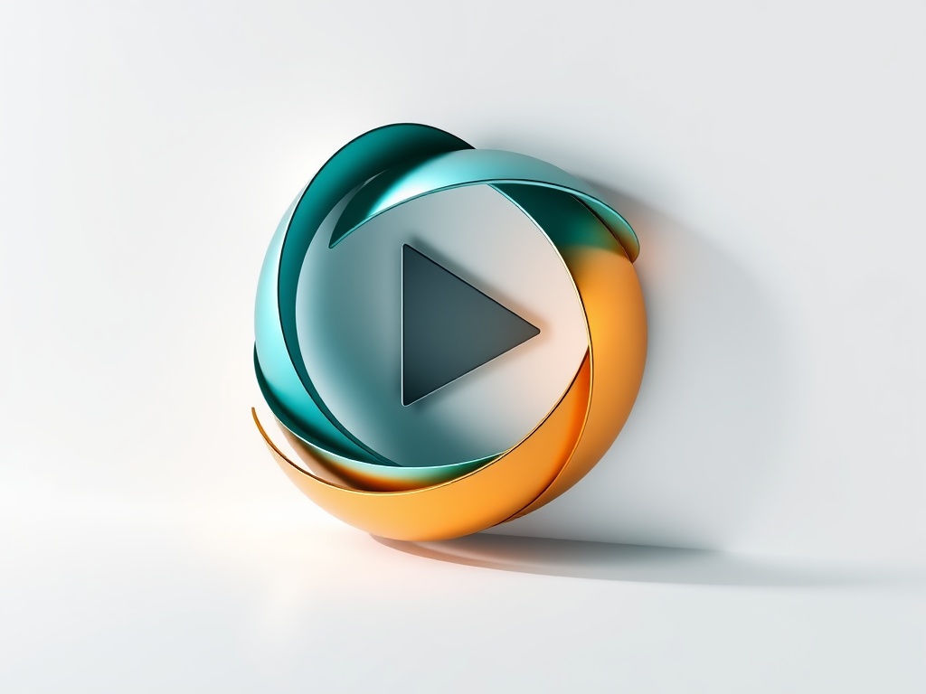 Abstract 3D render of a sleek geometric play button formed by intersecting metallic ribbons, gradients of teal and amber, soft shadows on white surface, futuristic and minimal, 8k product rendering style